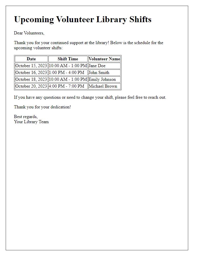 Letter template of schedule for upcoming volunteer library shifts.