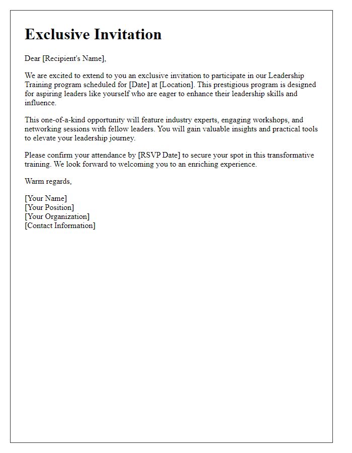 Letter template of exclusive invitation for leadership training opportunity.