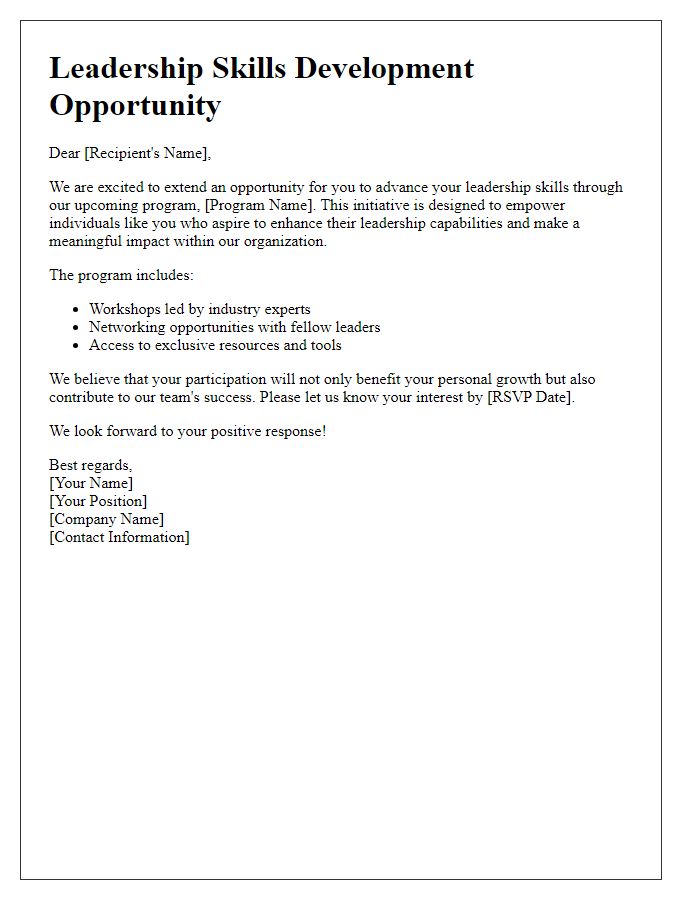 Letter template of opportunity to advance your leadership skills with us.