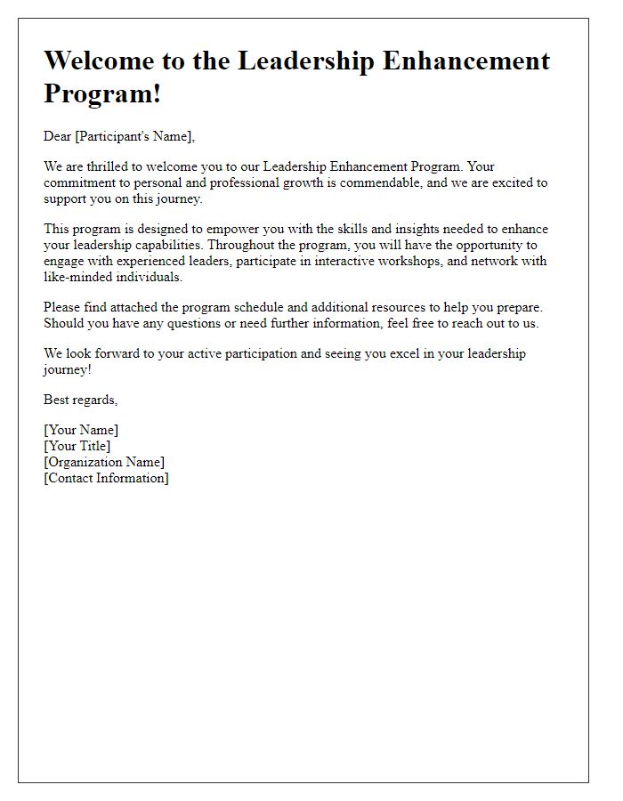 Letter template of welcome to participate in our leadership enhancement program.