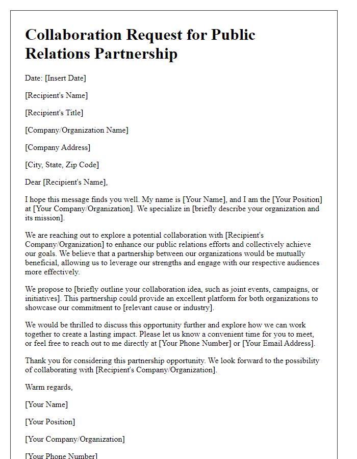 Letter template of collaboration request for public relations partnership