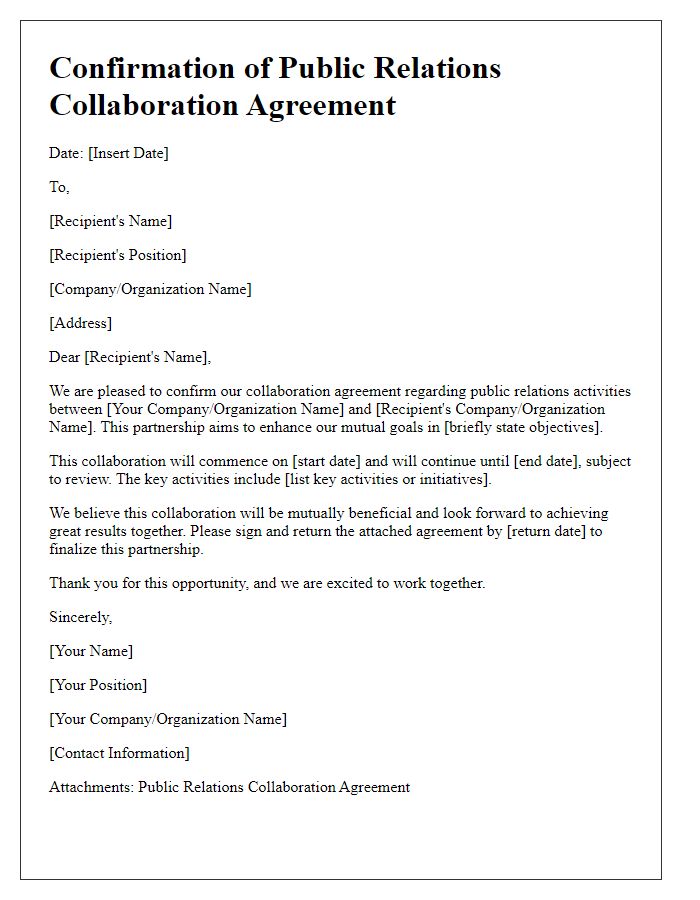 Letter template of confirmation for public relations collaboration agreement