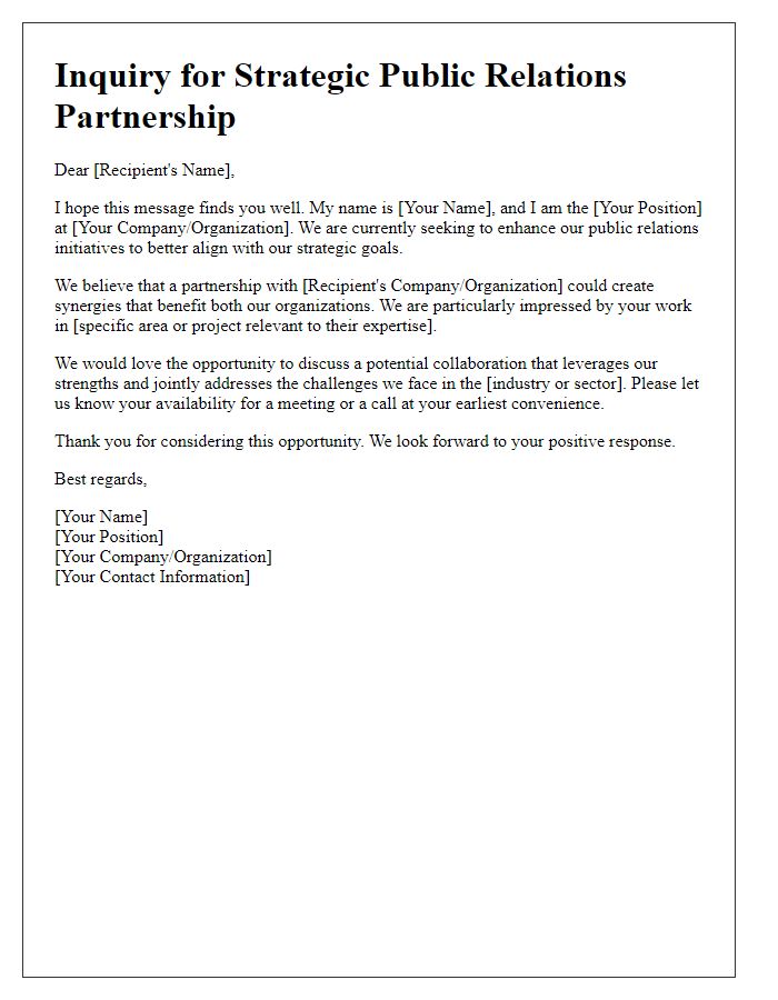 Letter template of inquiry for strategic public relations partnership