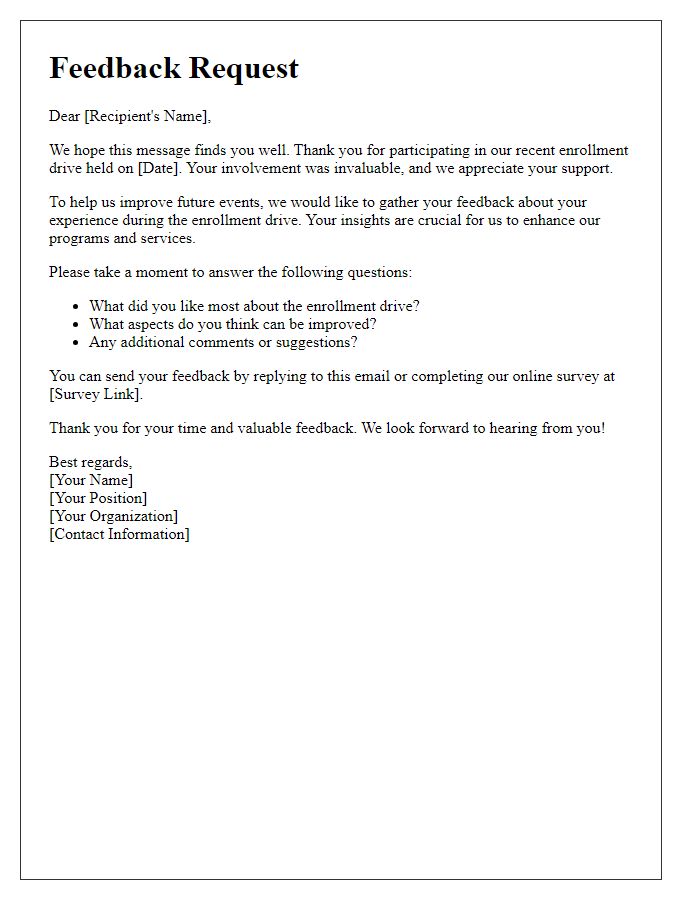 Letter template of feedback request post enrollment drive