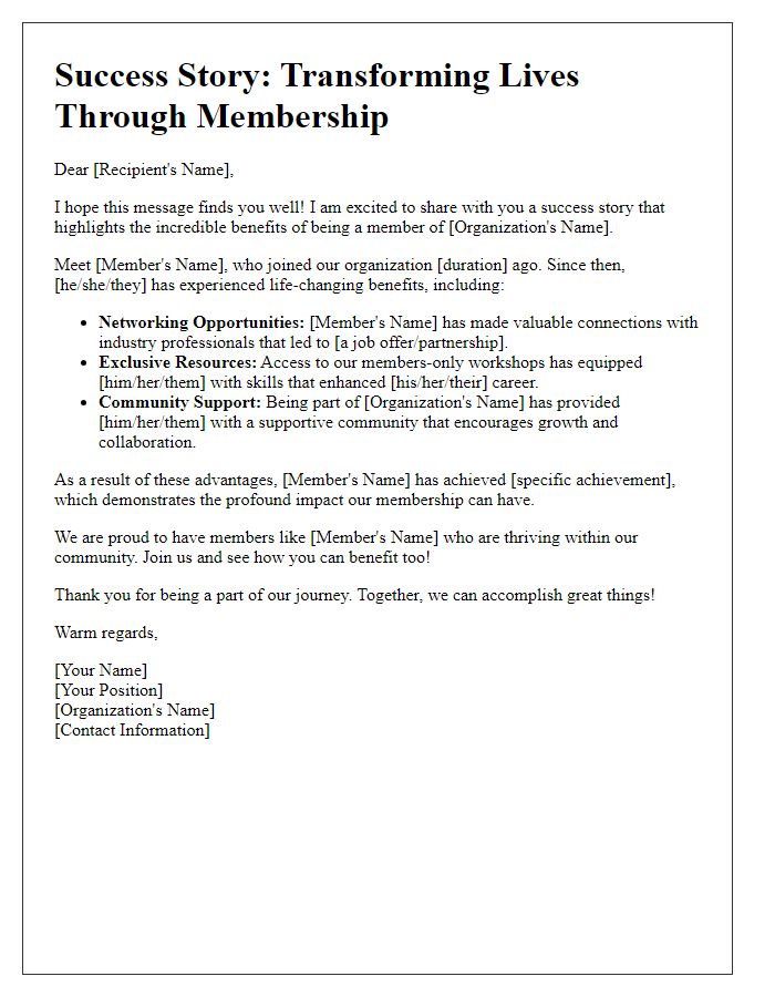 Letter template of success story highlighting benefits of membership