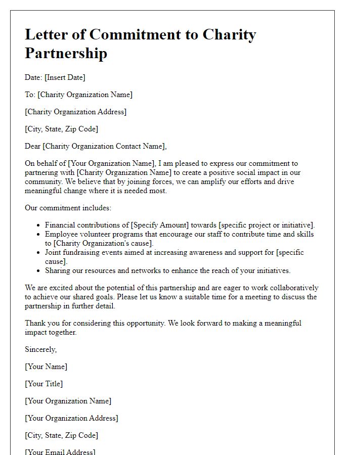 Letter template of commitment to charity partnership for social impact