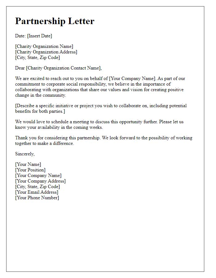 Letter template of corporate responsibility collaboration with charity