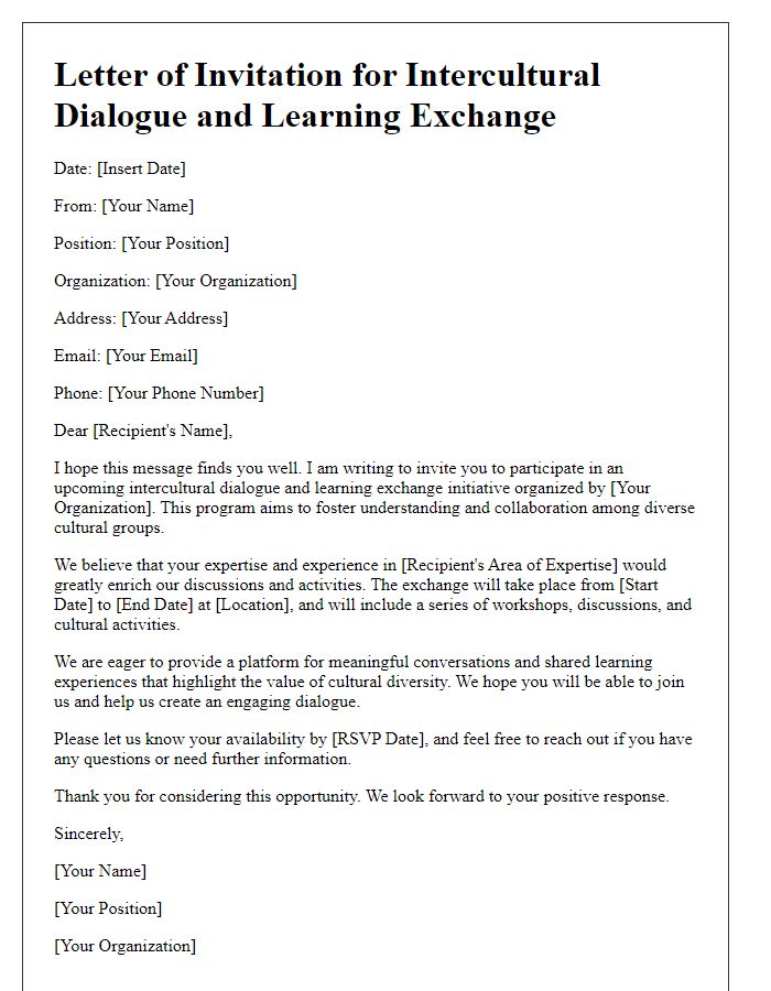 Letter template of intercultural dialogue and learning exchange