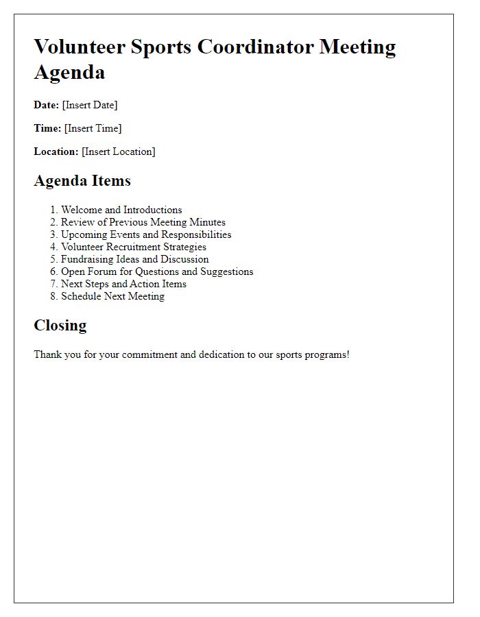 Letter template of volunteer sports coordinator meeting agenda