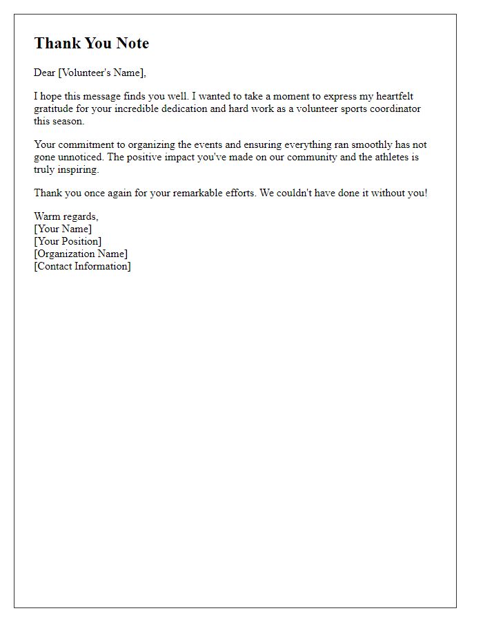 Letter template of volunteer sports coordinator thank you note