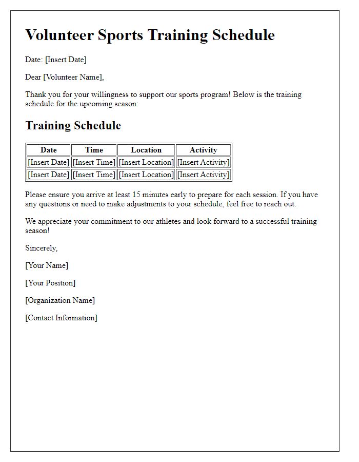 Letter template of volunteer sports training schedule