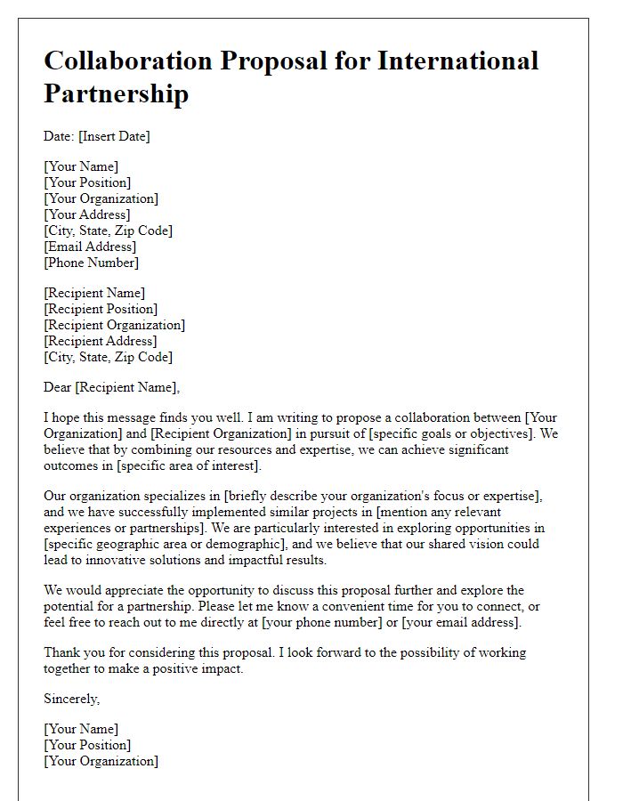 Letter template of collaboration proposal for international partnership.