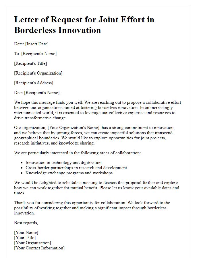 Letter template of joint effort request for borderless innovation.