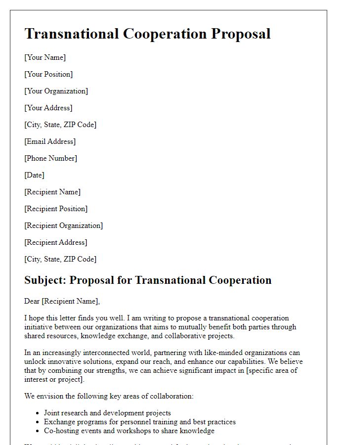 Letter template of transnational cooperation proposal for mutual benefits.