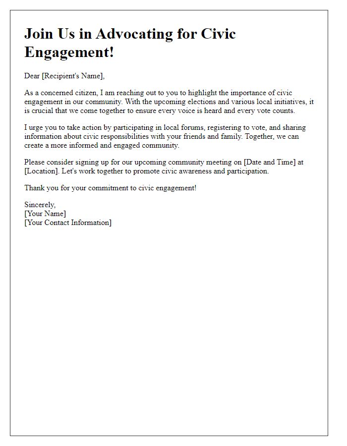 Letter template of call to action for advocating civic engagement.