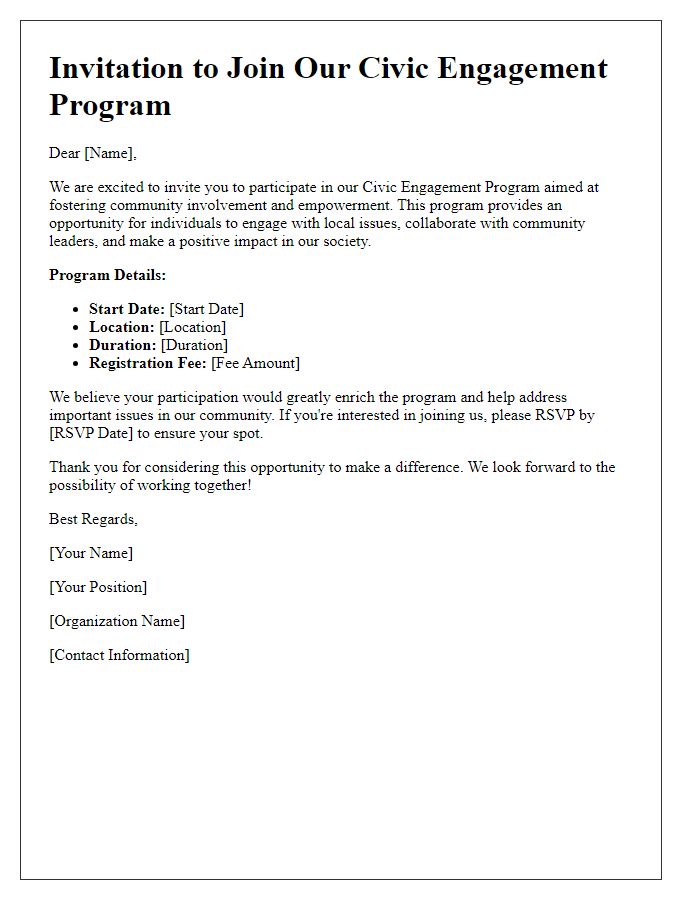 Letter template of invitation to join the civic engagement program.