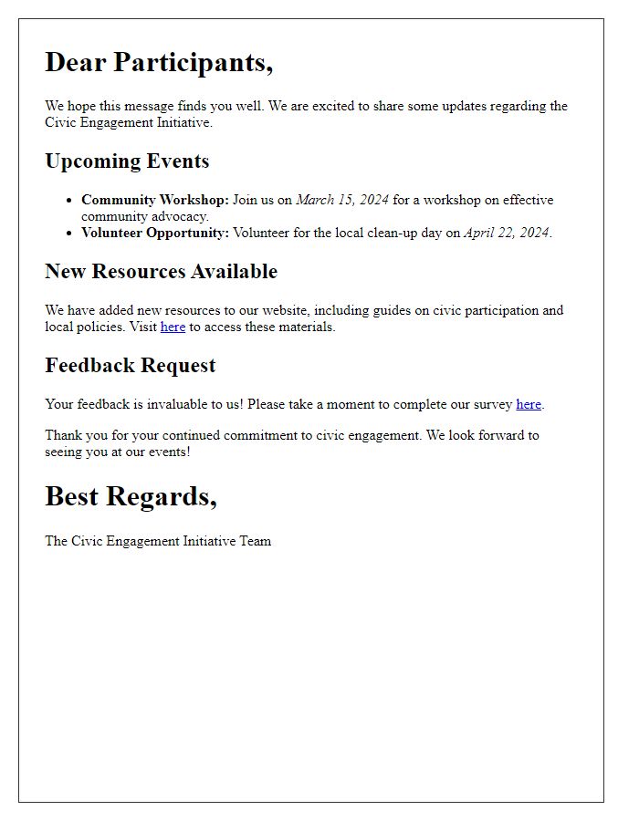 Letter template of program updates for participants in the civic engagement initiative.