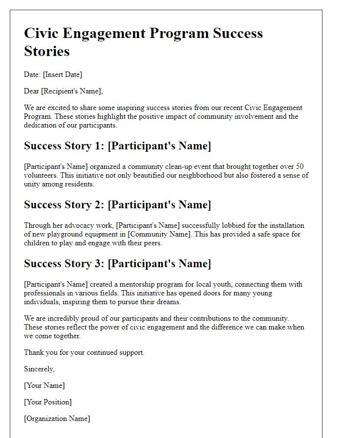 Letter template of success stories from the civic engagement program.