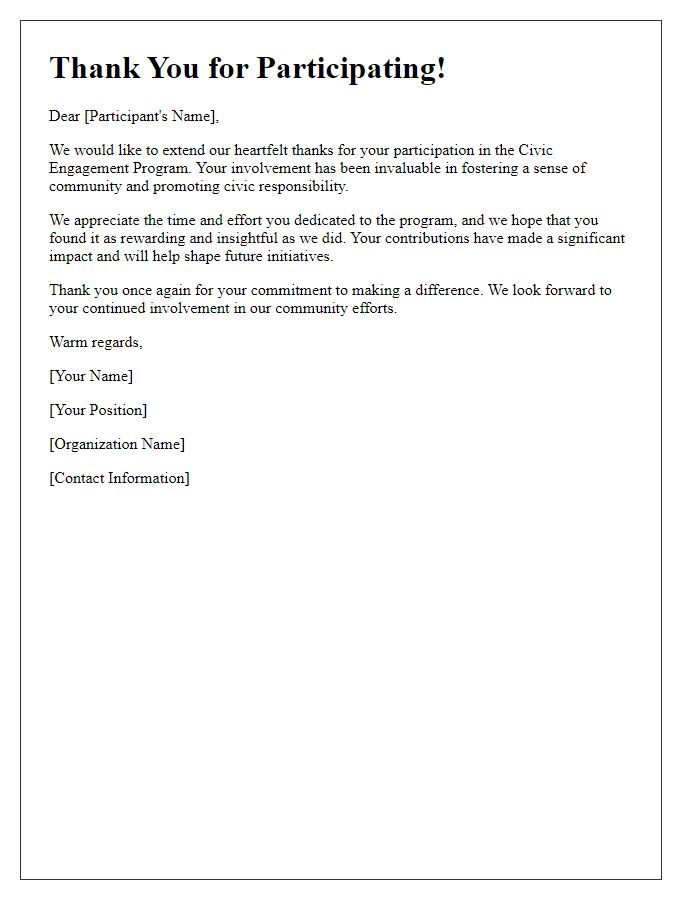 Letter template of thank you for participating in the civic engagement program.