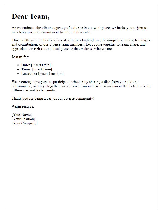 Letter template of celebration for cultural diversity in the workplace