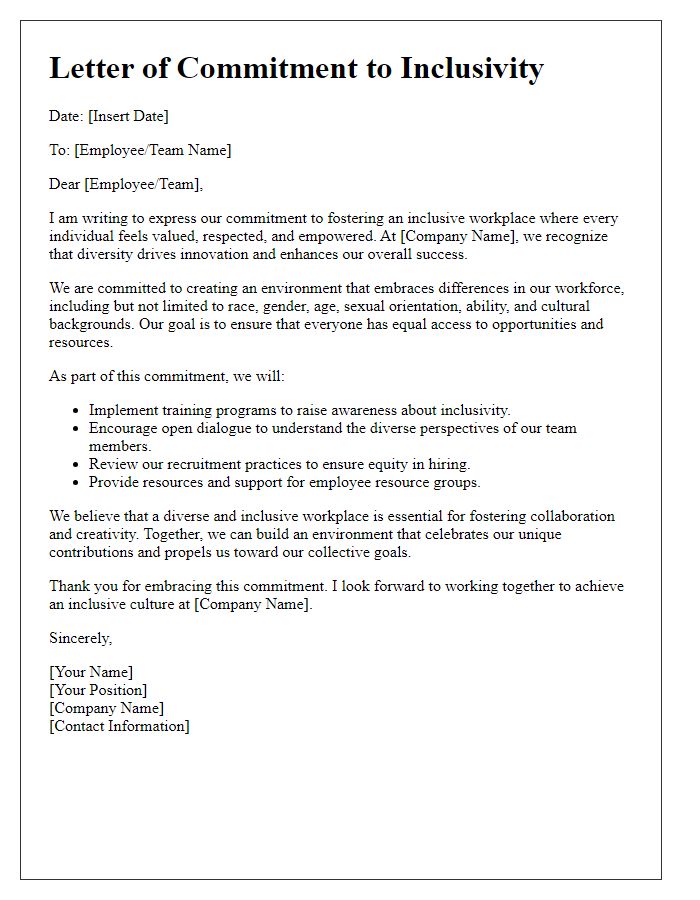 Letter template of commitment to fostering an inclusive workplace