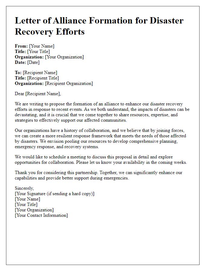 Letter template of alliance formation for disaster recovery efforts