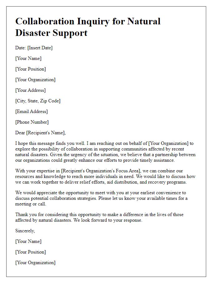 Letter template of collaboration inquiry for natural disaster support