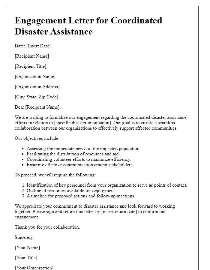 Letter template of engagement for coordinated disaster assistance