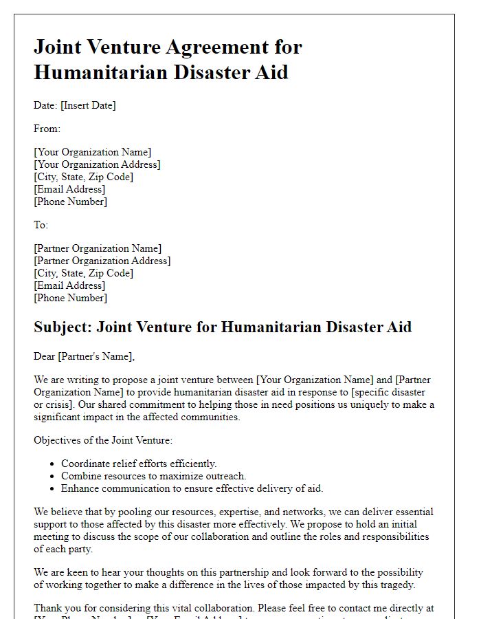 Letter template of joint venture for humanitarian disaster aid