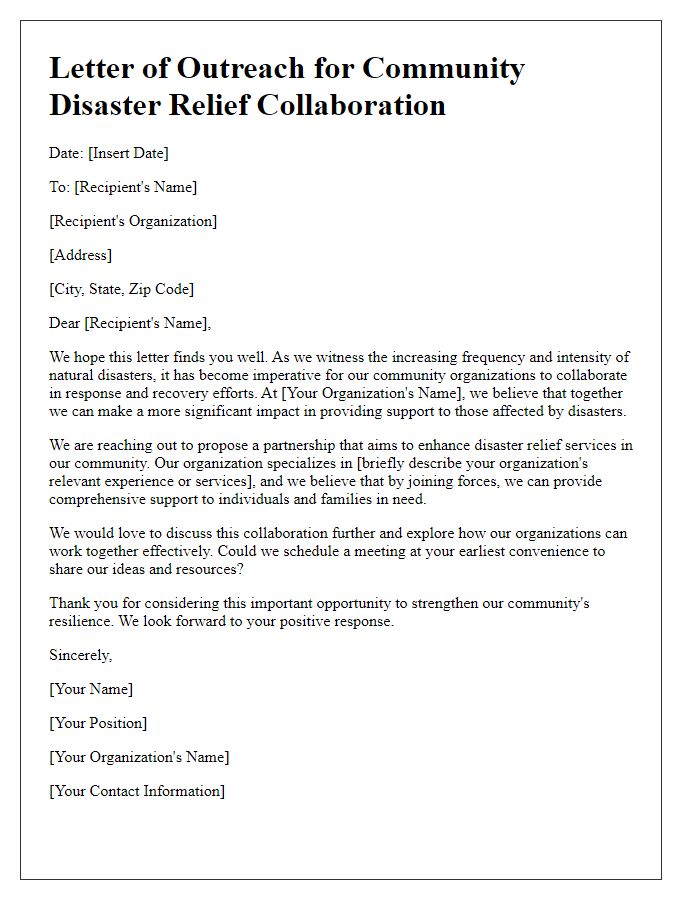 Letter template of outreach for community disaster relief collaboration