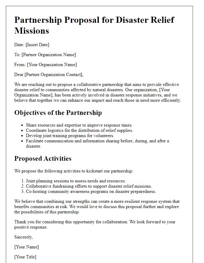 Letter template of partnership approach for disaster relief missions