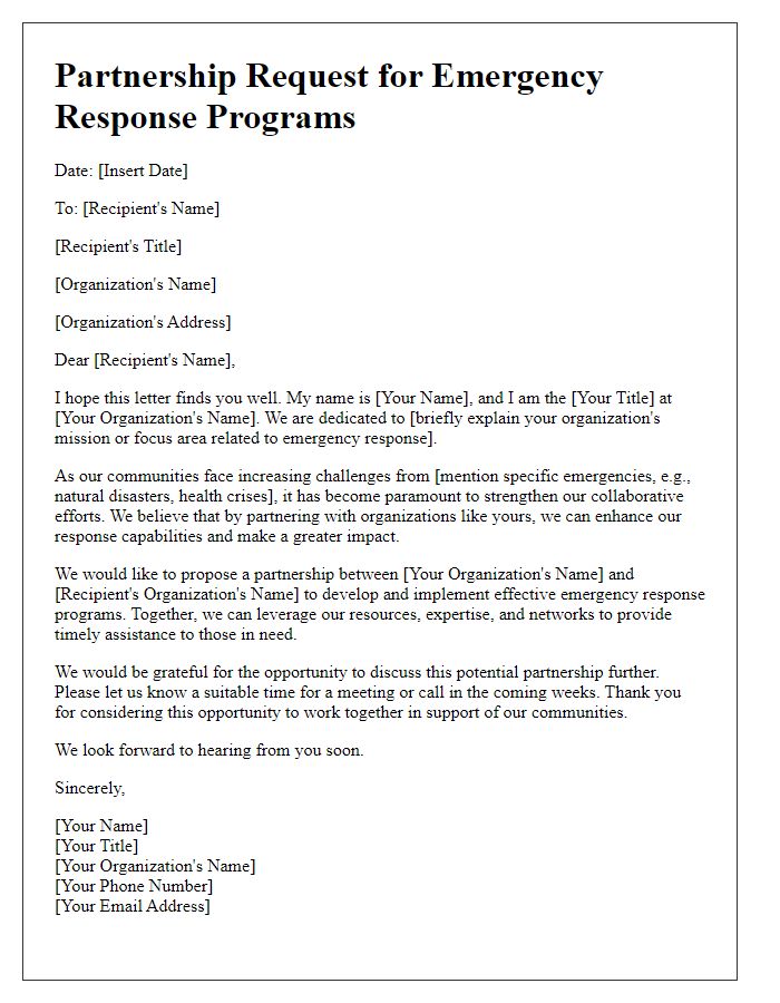 Letter template of partnership request for emergency response programs