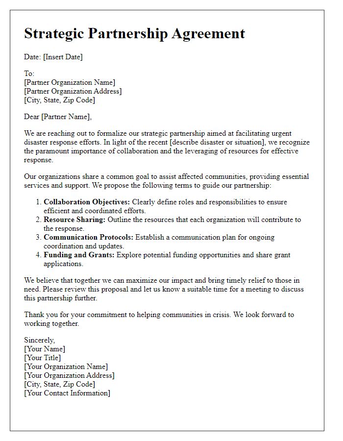 Letter template of strategic partnership for urgent disaster response