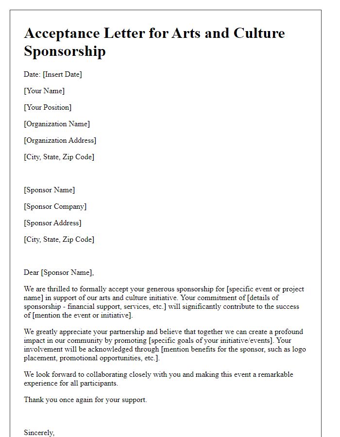 Letter template of acceptance for arts and culture sponsorship