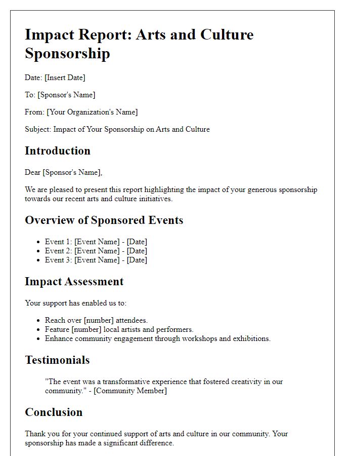 Letter template of report for arts and culture sponsorship impact