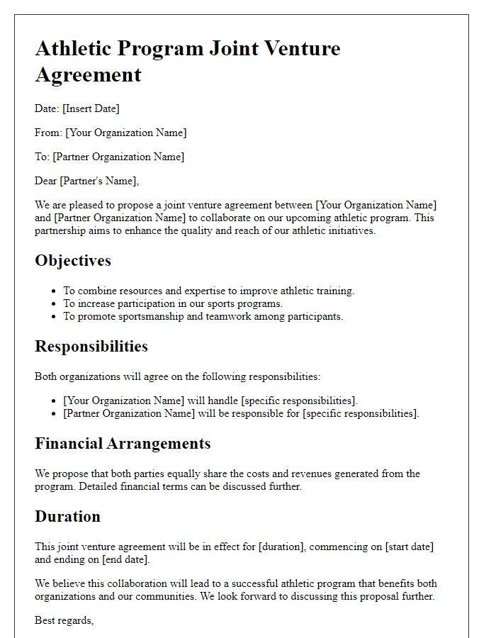 Letter template of Athletic Program Joint Venture Agreement