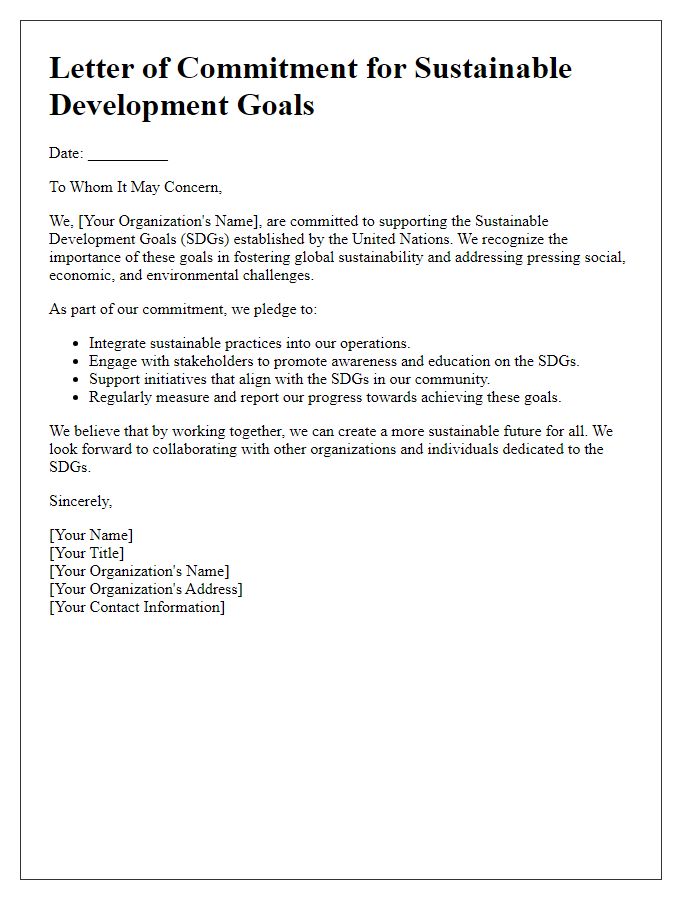 Letter template of commitment for sustainable development goals