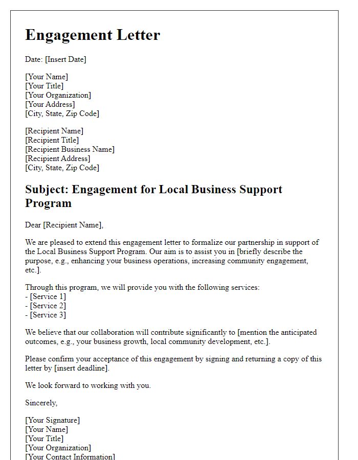 Letter template of engagement for local business support program