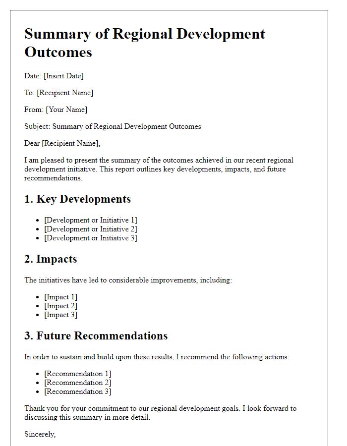 Letter template of summary for regional development outcomes