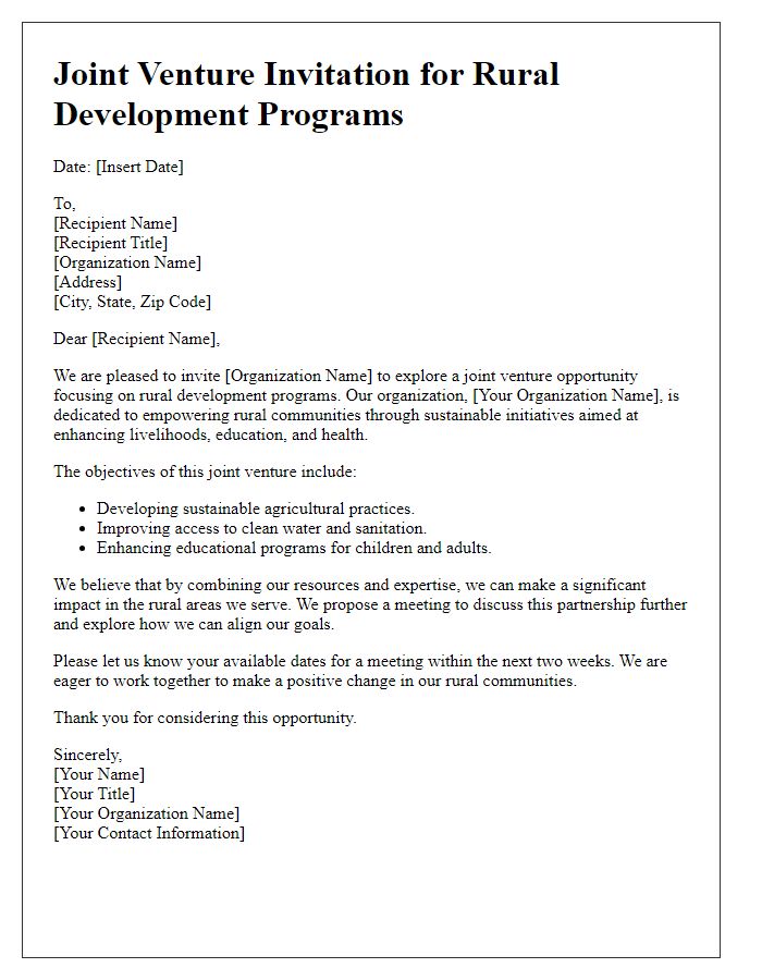 Letter template of joint venture invitation for rural development programs.