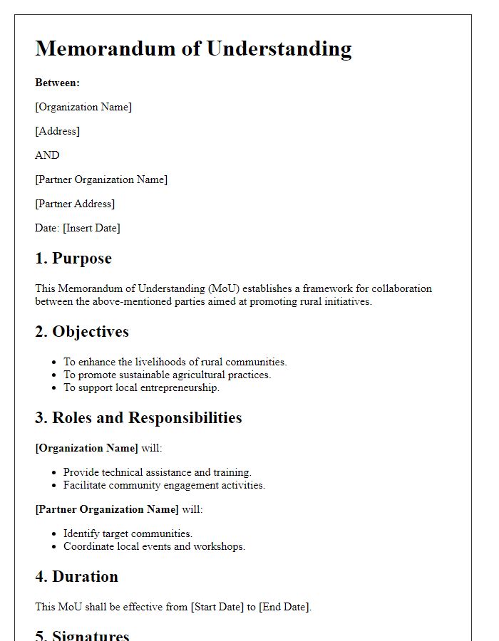 Letter template of memorandum of understanding for rural initiatives.