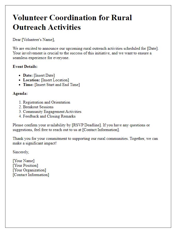 Letter template of volunteer coordination for rural outreach activities.