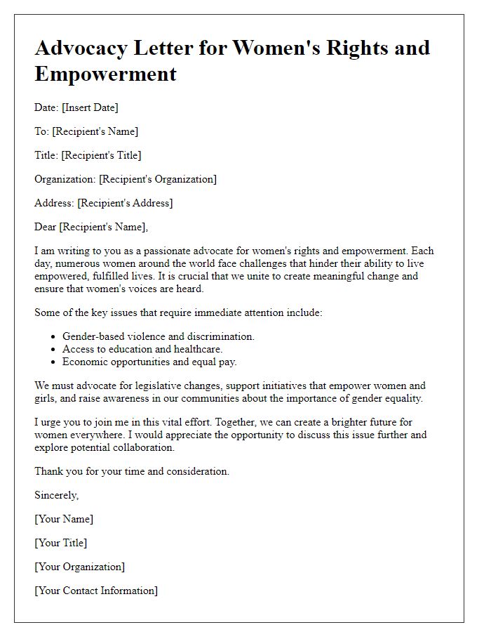 Letter template of Advocacy for Women's Rights and Empowerment