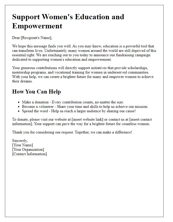 Letter template of Fundraising for Women's Education and Empowerment