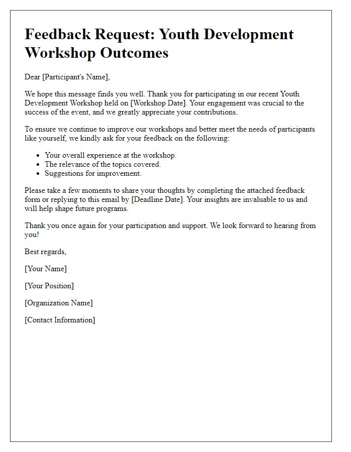 Letter template of feedback request for youth development workshop outcomes