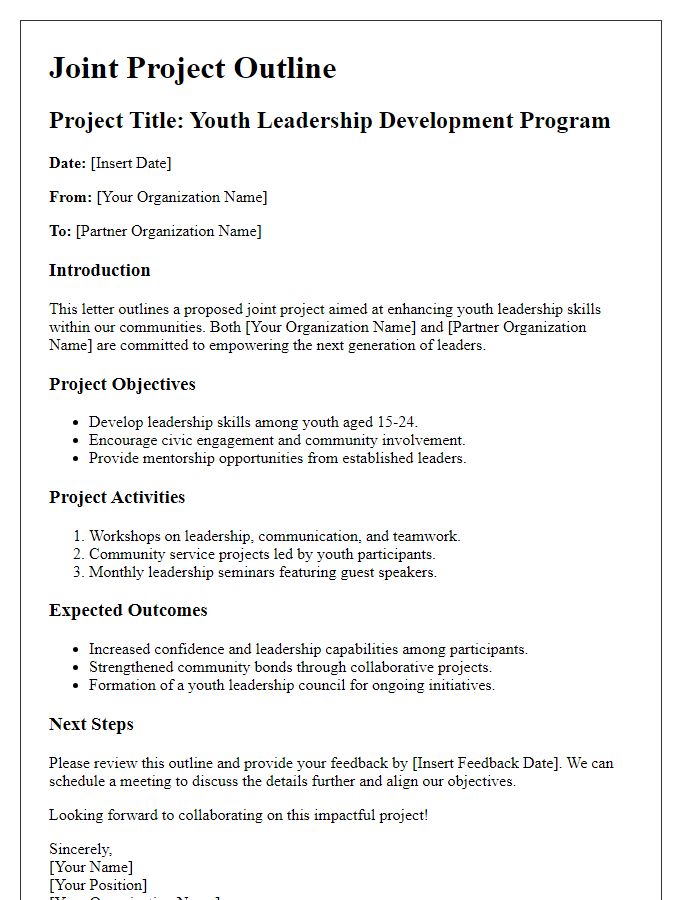 Letter template of joint project outline for youth leadership development