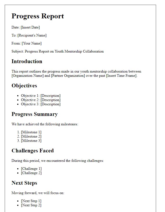 Letter template of progress report on youth mentorship collaboration