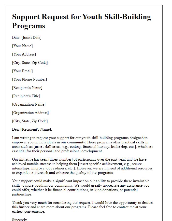 Letter template of support request for youth skill-building programs