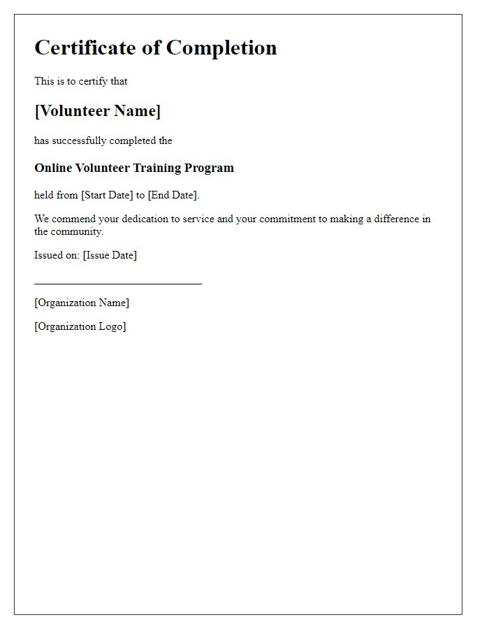 Letter template of completion certificate for online volunteer training