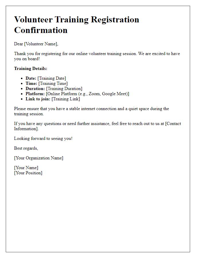 Letter template of confirmation for online volunteer training registration